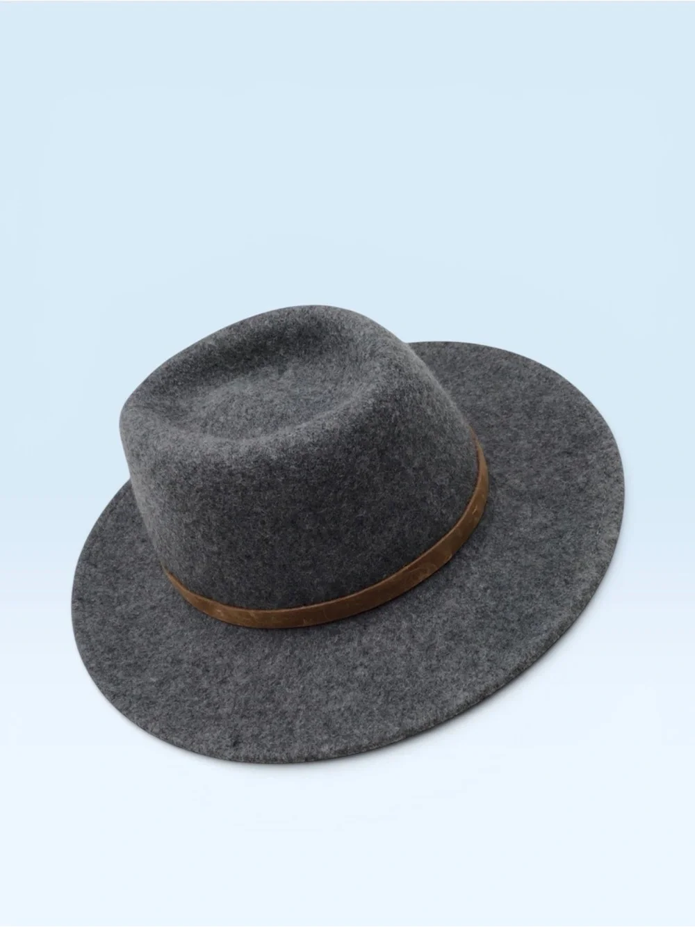 Frye Gray Wool Wide-Brim Fedora Hat With Brown Leather Band